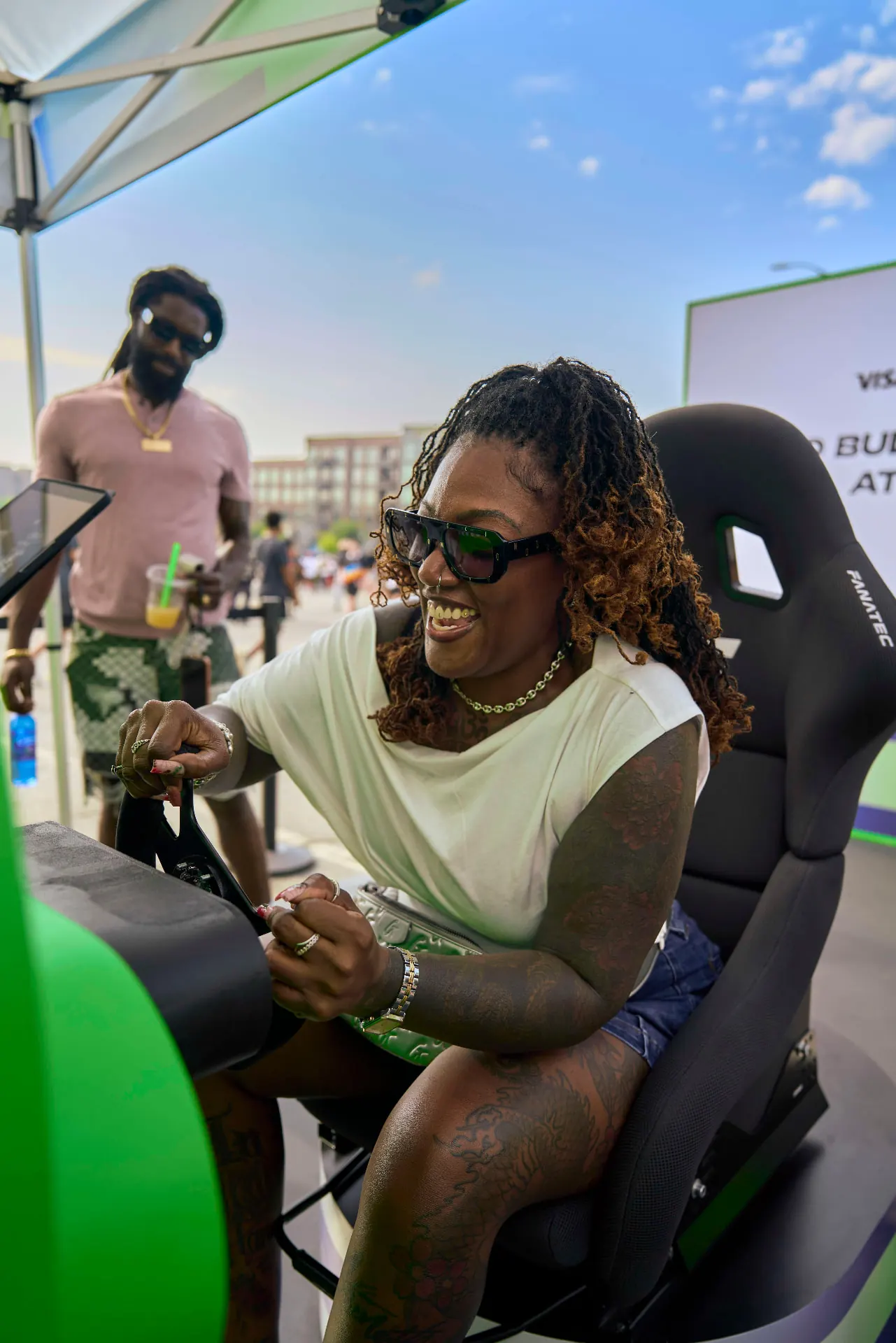 Guest at the Visa x Cash App event racing simulator
