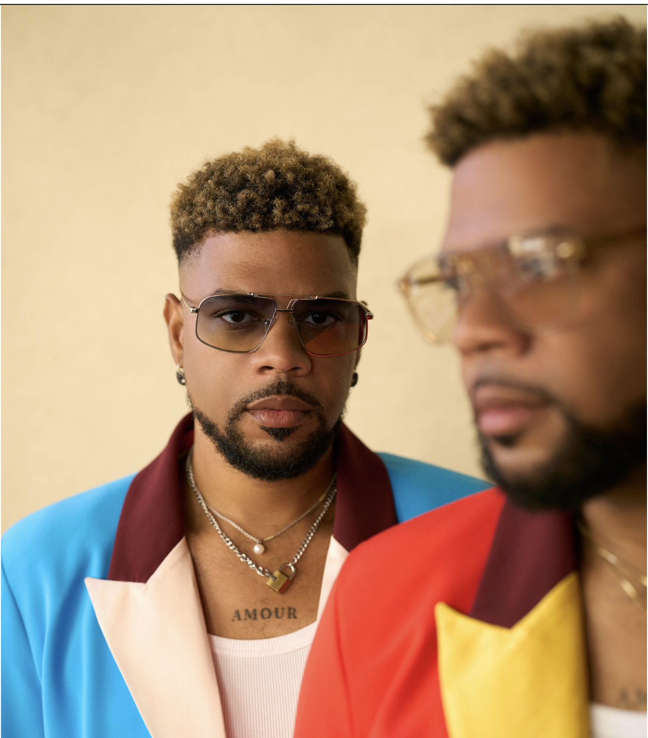 Bruce and Glen Proctor wearing colorful pieces from BruceGlen's first menswear suiting collection, photographed by Alyssa Matusiak