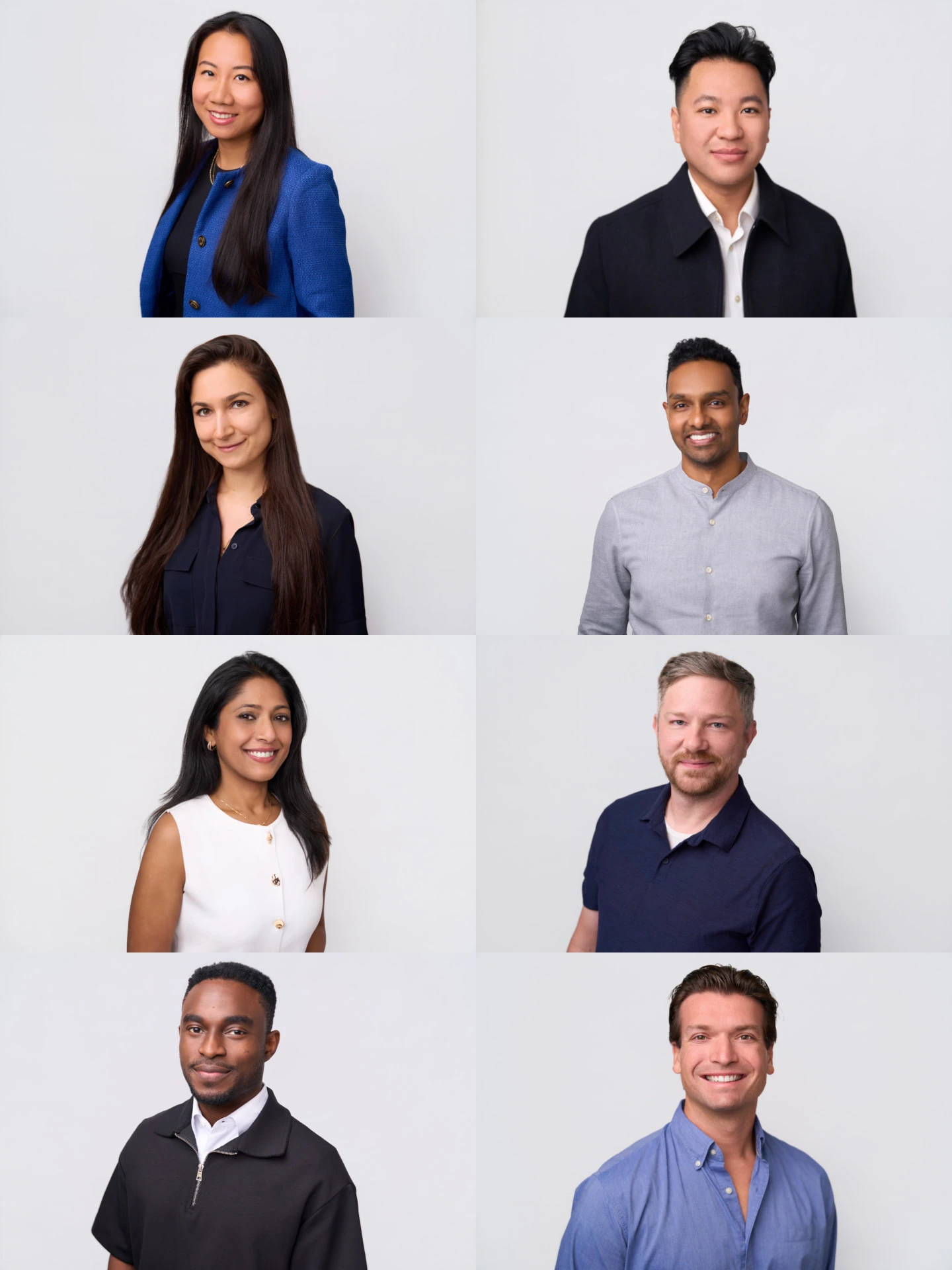 Eight-person team headshot composite arranged in two columns and four rows, with matching light gray studio backgrounds, photographed in Atlanta